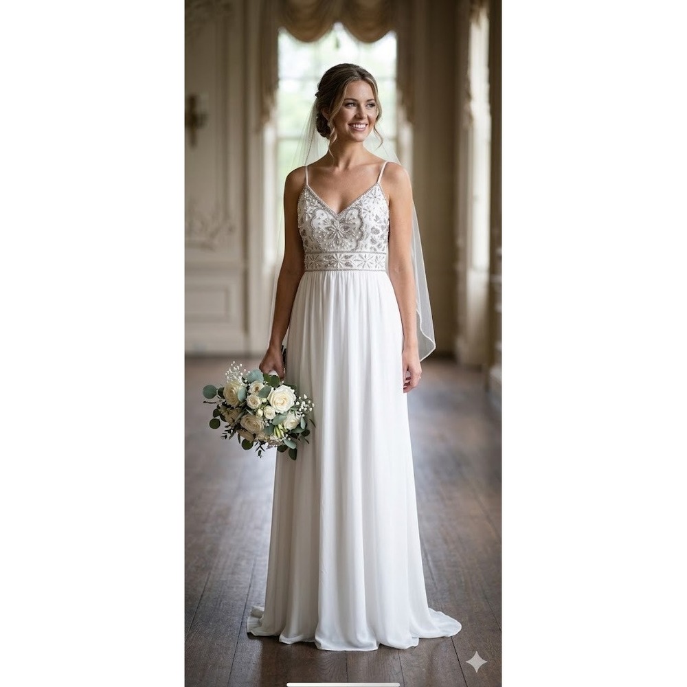 Sue Wong Nocturne White Beaded Embellished V Neck Spaghetti Maxi Dress Size‎ 6